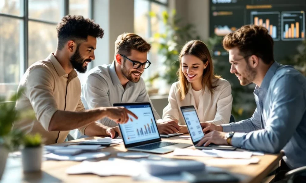 Three finance professionals collaborating at conference table with laptops showing payment dashboards in bright modern office